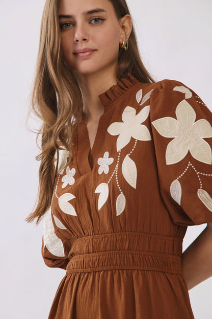 Chestnut Floral Embroidered Midi Dress