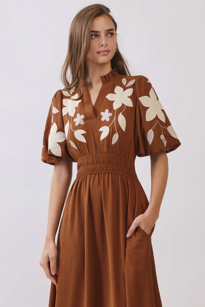 Chestnut Floral Embroidered Midi Dress