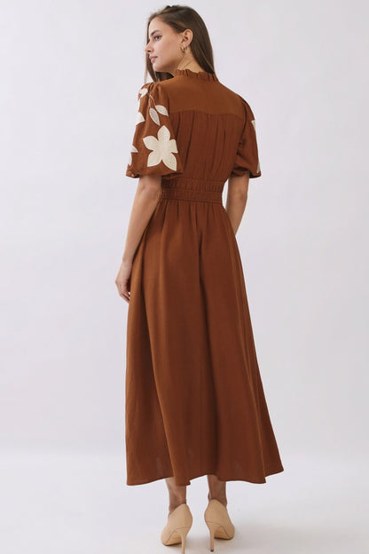 Chestnut Floral Embroidered Midi Dress