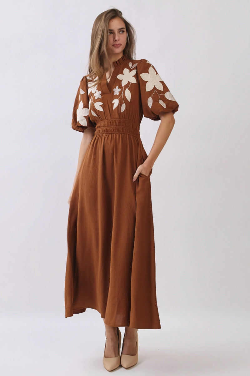 Chestnut Floral Embroidered Midi Dress