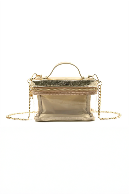 Gold handbag with chain detail on a white background