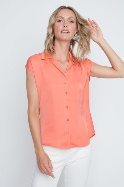 Coral Luxe Satin Short Sleeve Blouse