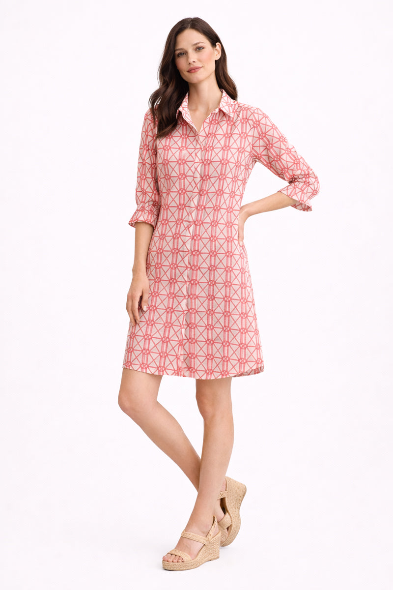 Coral and Pink Bamboo Print 3/4 Sleeve Dress