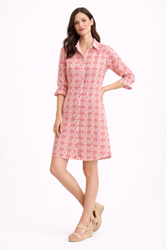 Coral and Pink Bamboo Print 3/4 Sleeve Dress