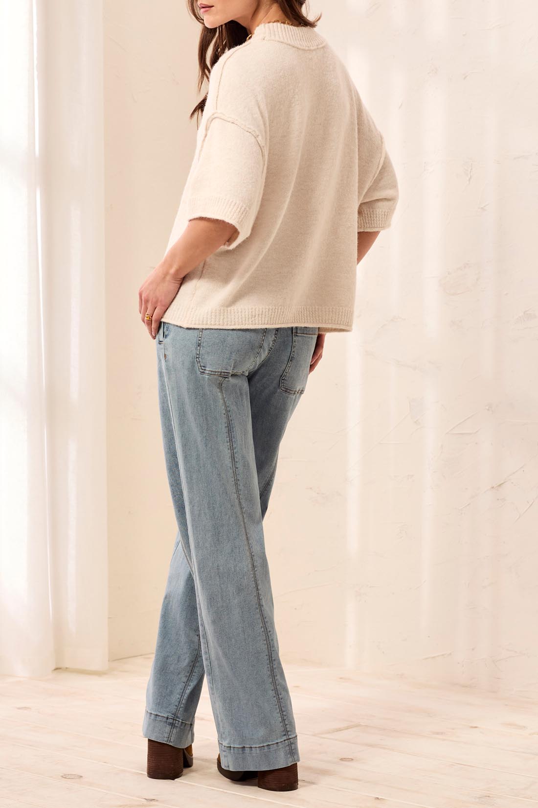Cream Drop Shoulder Elbow Sleeve Sweater