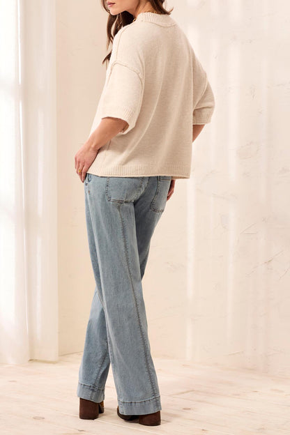 Cream Drop Shoulder Elbow Sleeve Sweater