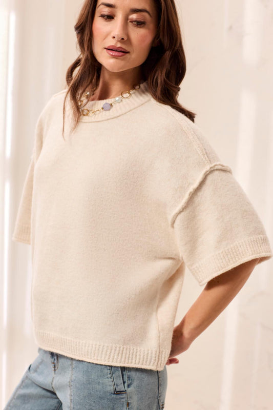 Cream Drop Shoulder Elbow Sleeve Sweater
