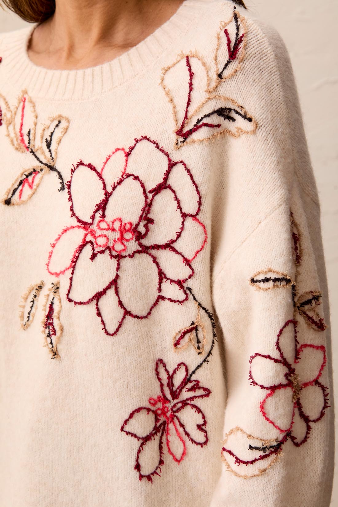 Cream Embroidered Floral Sweater