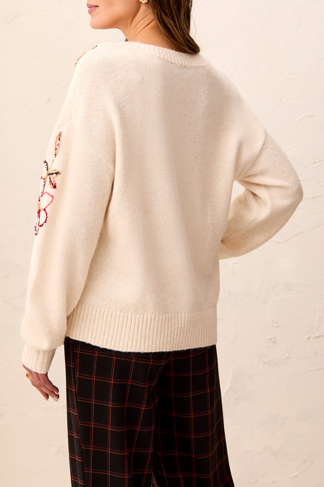 Cream Embroidered Floral Sweater