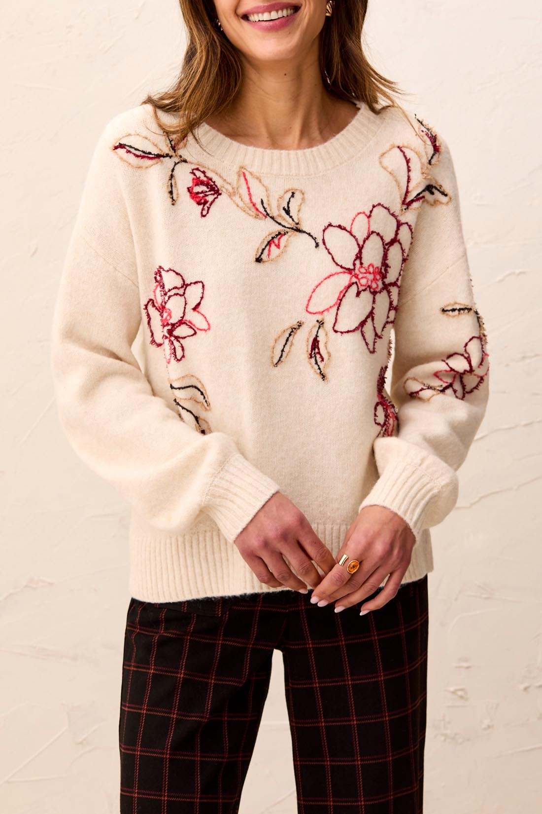 Cream Embroidered Floral Sweater