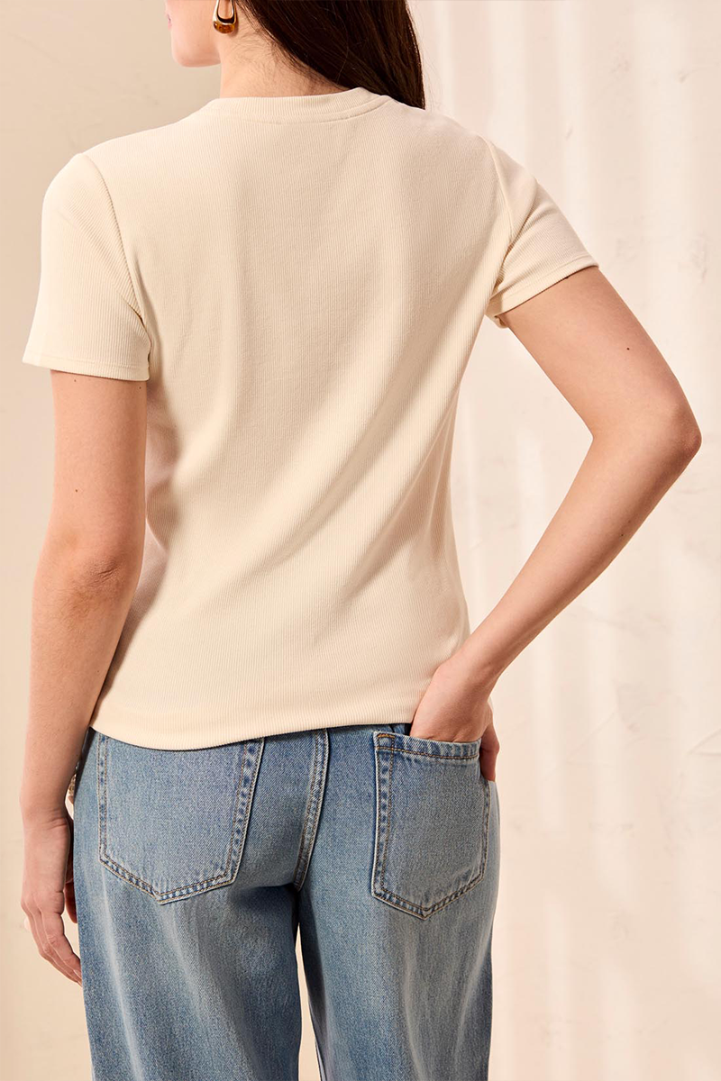 Cream Fitted Crew Neck Stretch Tee