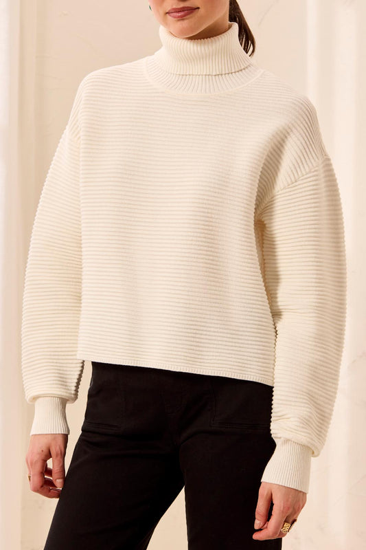 Cream Ribbed Turtleneck Side Slit Sweater