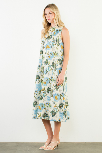 Woman wearing a floral dress on a white background