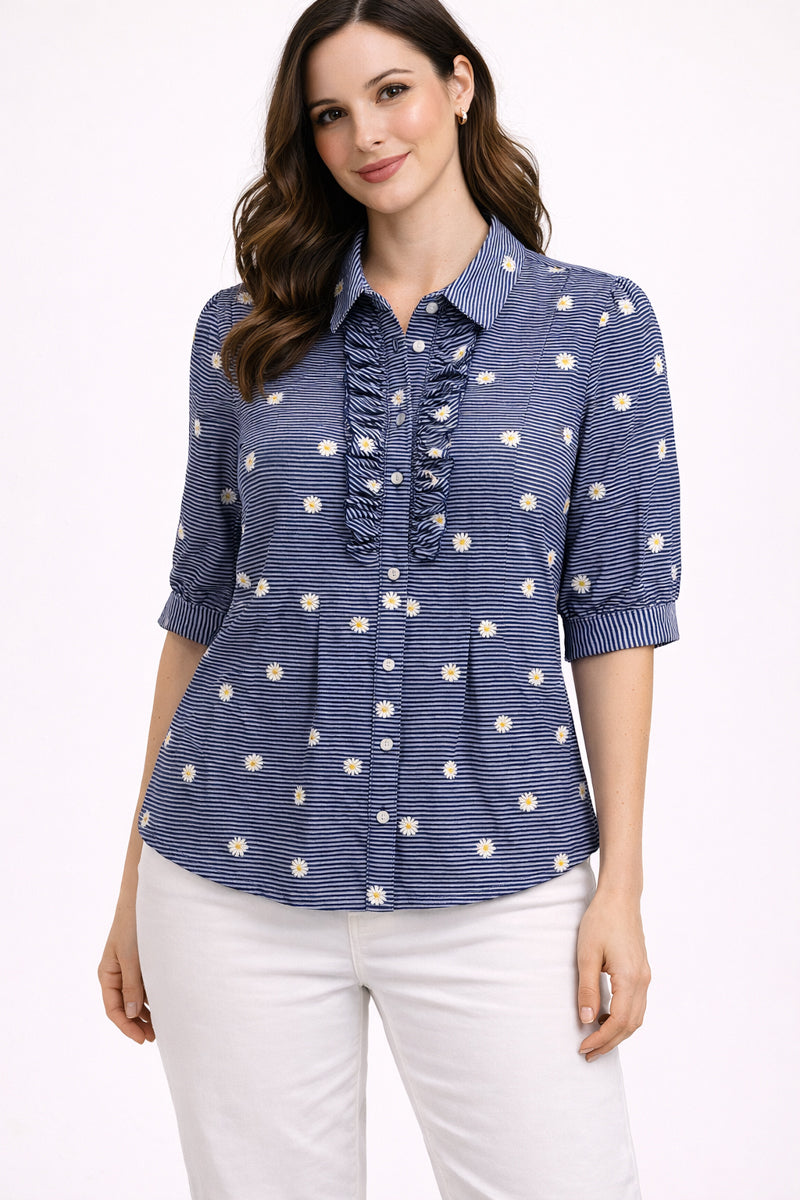 Daisy Stripe Puff Sleeve Blouse