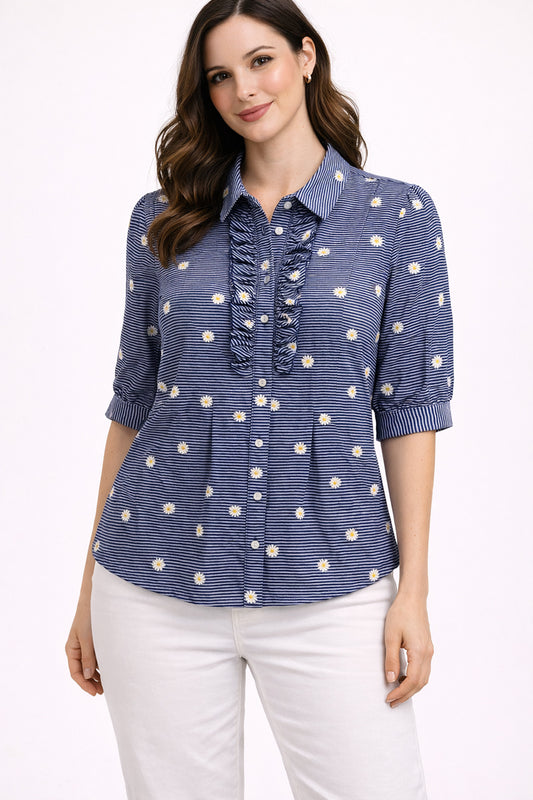 Daisy Stripe Puff Sleeve Blouse