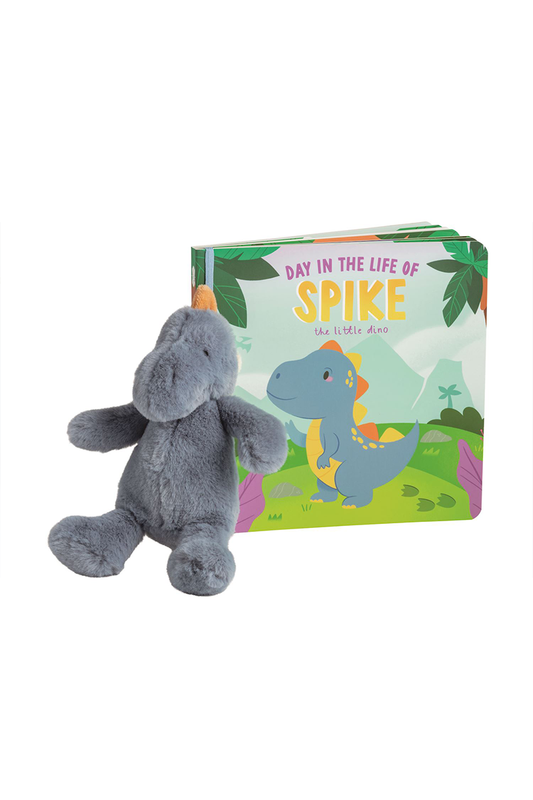 Plush dinosaur toy with a book titled 'Day in the Life of Spike' on a white background