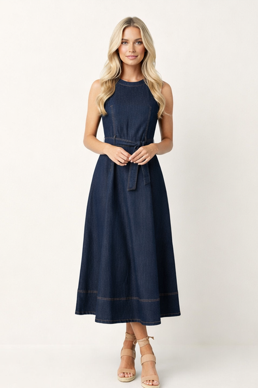 Denim Circle Skirt Midi Dress