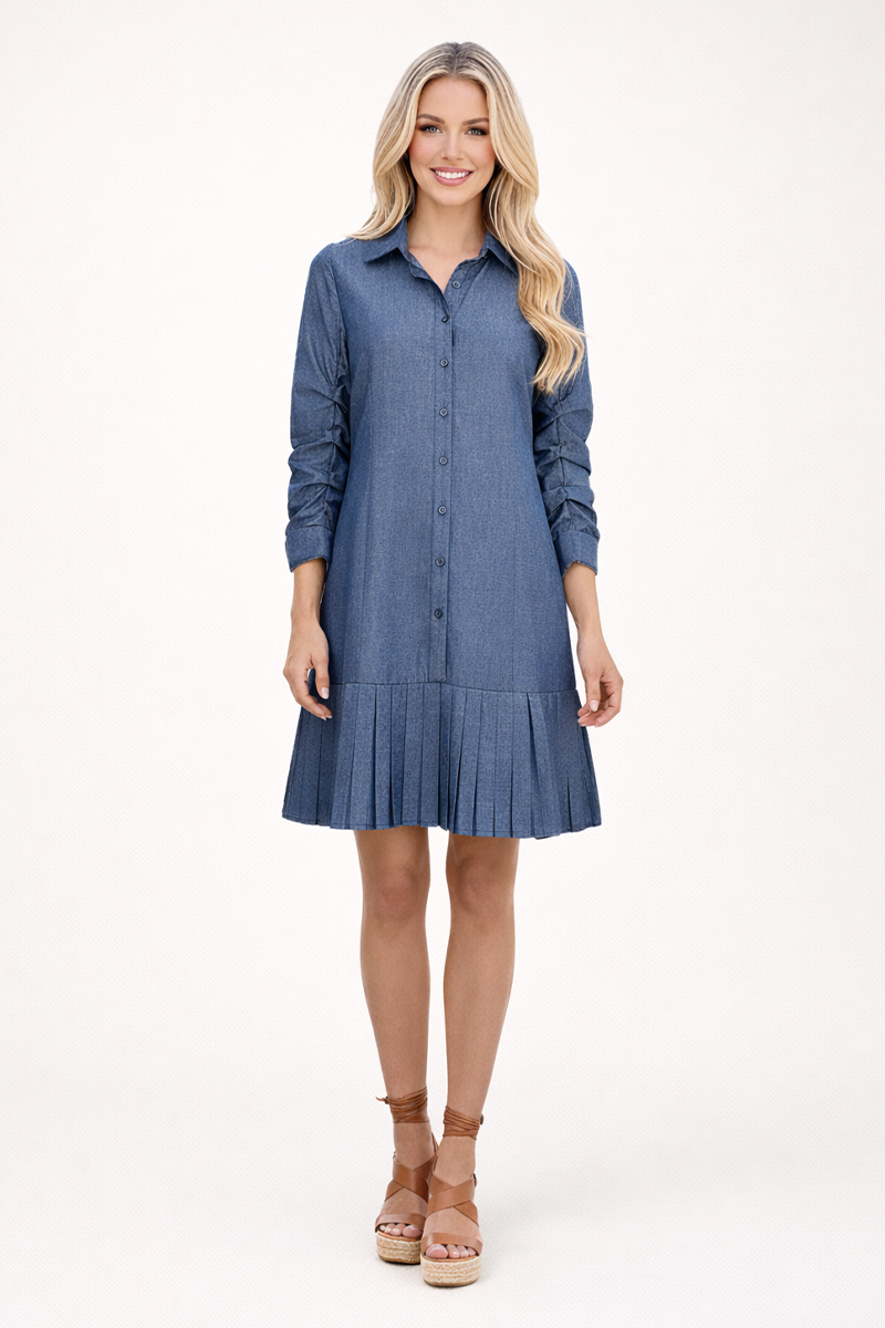 Denim Pleated Shirt Dress