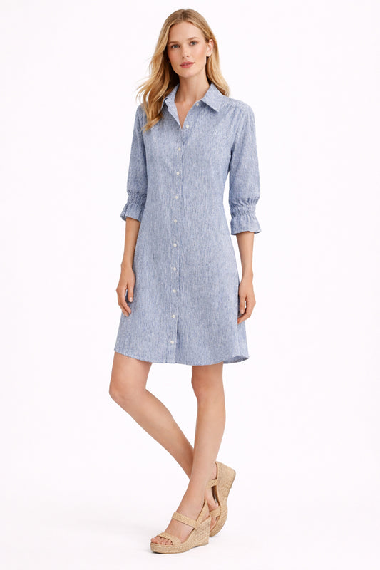 Denim Seersucker Stripe 3/4 Sleeve Dress