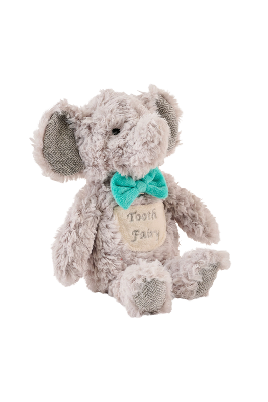 Plush elephant toy with a bow tie and 'Tooth Fairy' sign on a white background