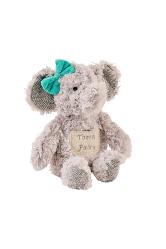 Plush elephant toy with a teal bow and 'Tooth Fairy' sign on a white background