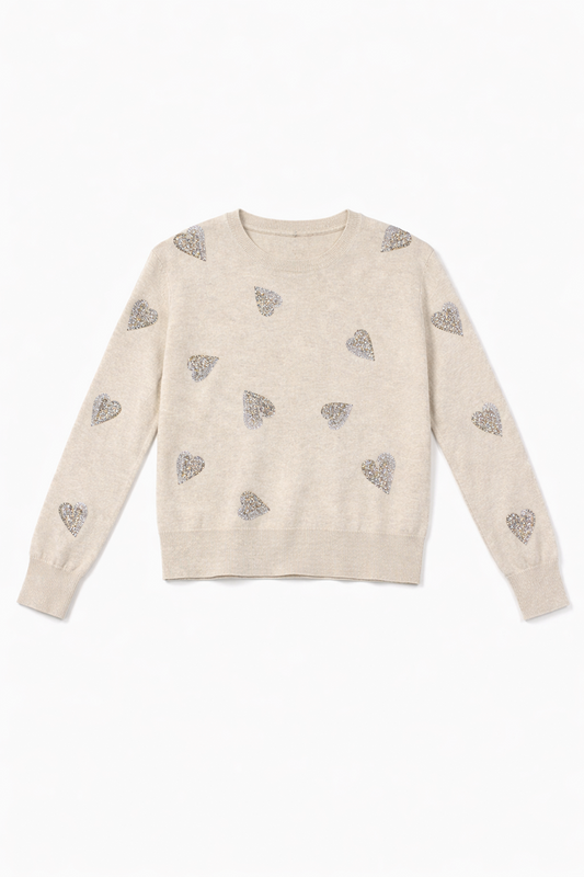 Embellished Heart Beige Sweater