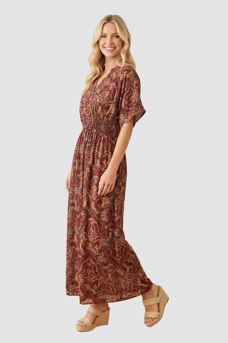 Embroidered Cabernet Paisley Maxi Dress