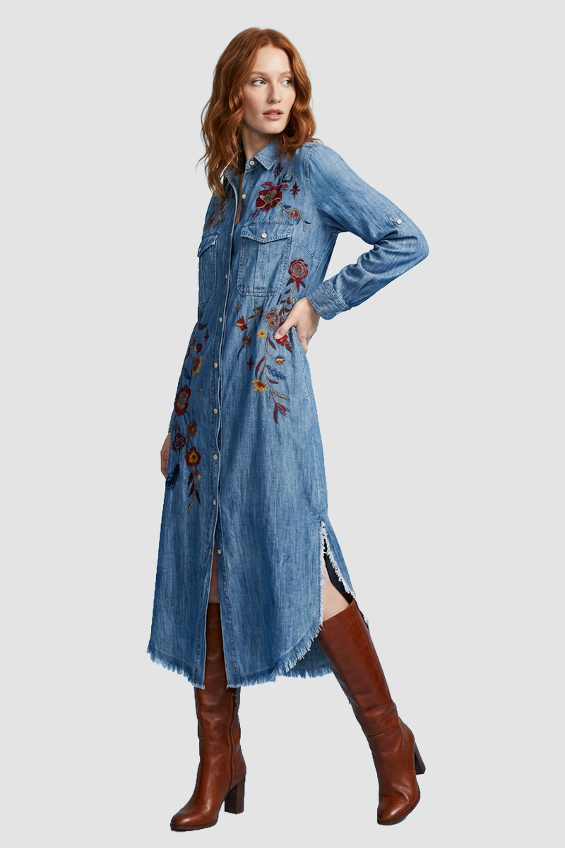 Embroidered Floral Denim Midi Dress