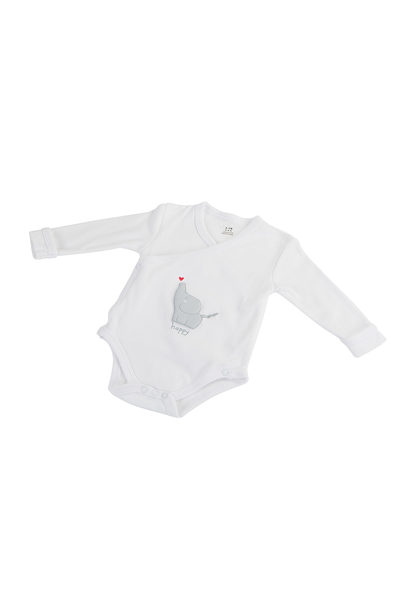 White baby onesie with a gray elephant design on a white background