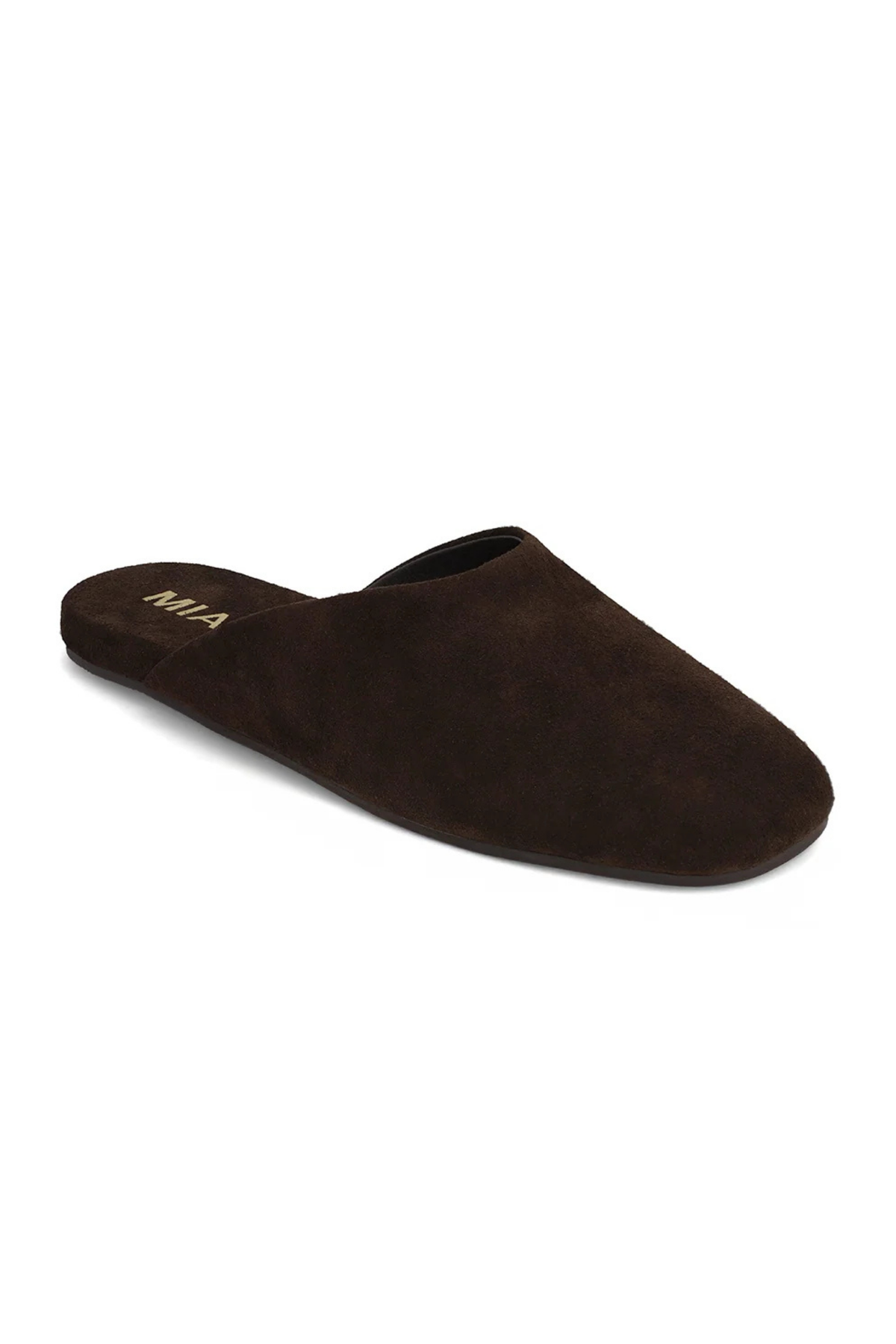 Brown suede mules on a white background