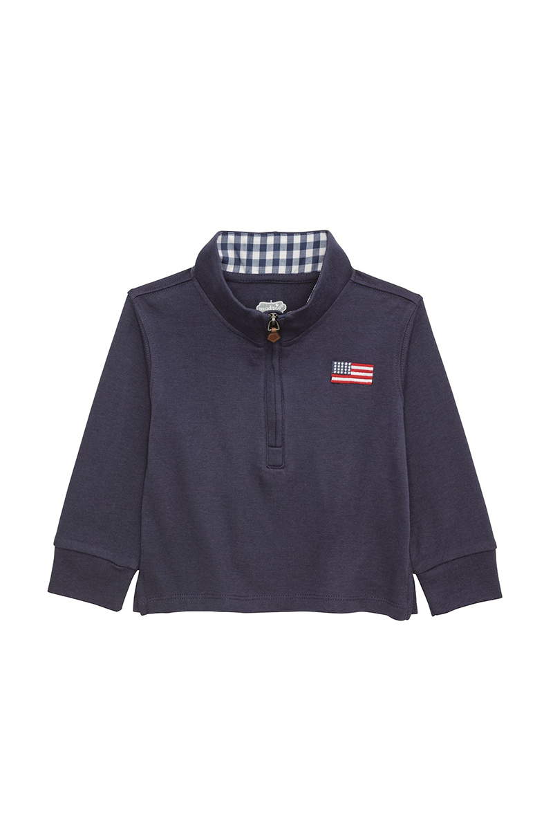 Navy blue long-sleeve shirt with a small flag patch on a white background