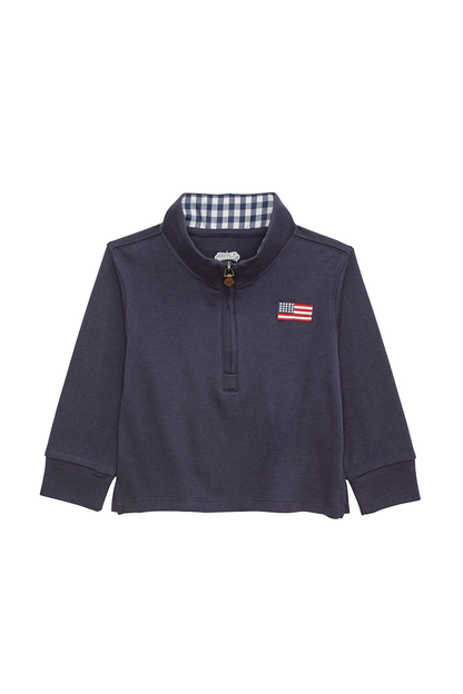 Navy blue long-sleeve shirt with a small flag patch on a white background