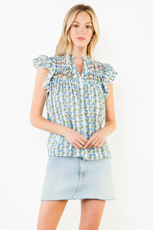 Floral Flutter Sleeve V-Neck Top