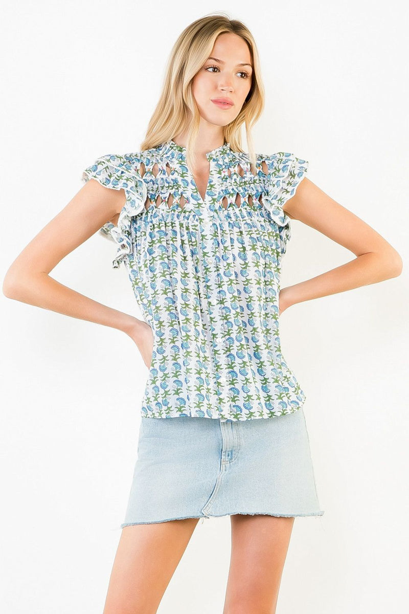 Floral Flutter Sleeve V-Neck Top