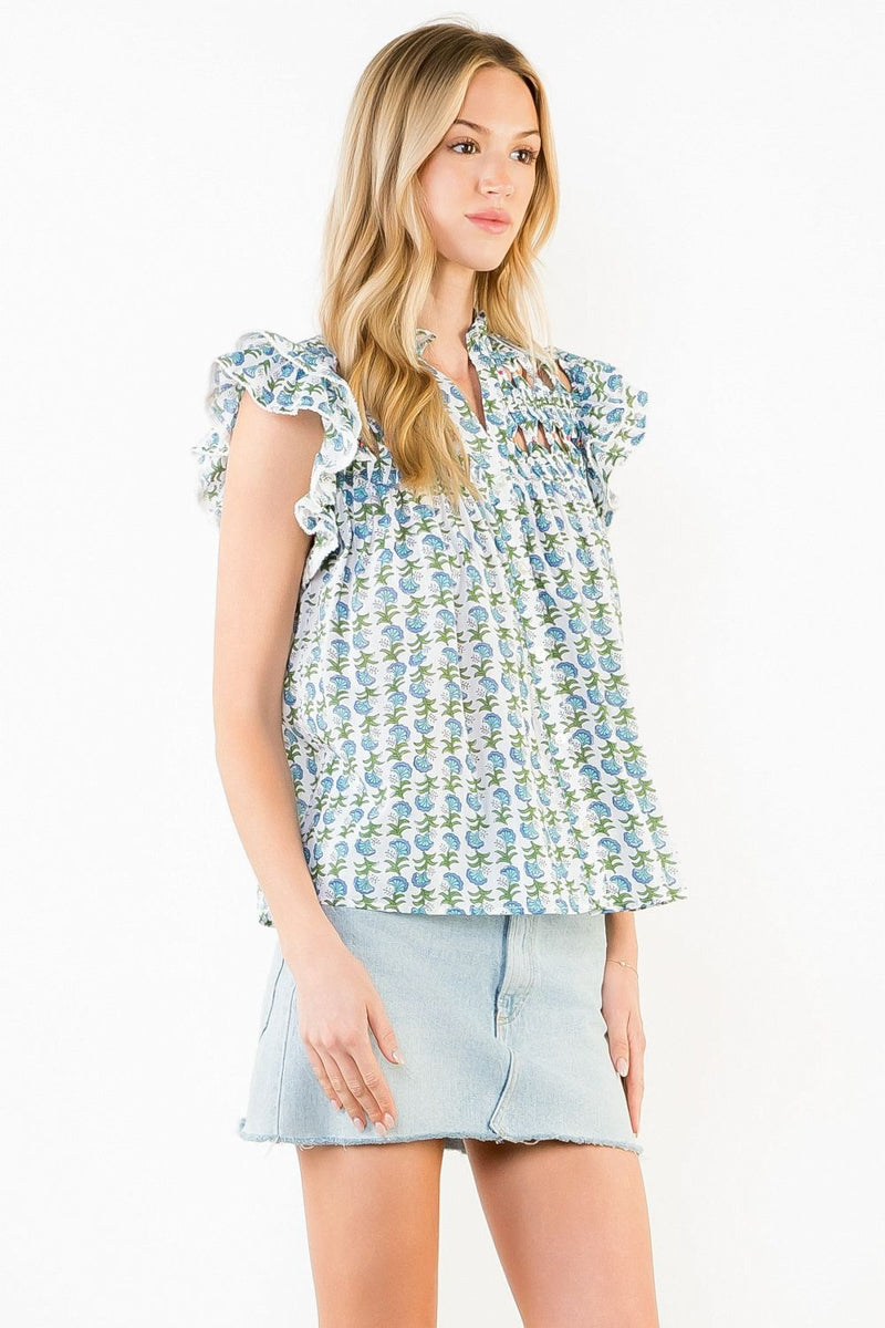 Floral Flutter Sleeve V-Neck Top