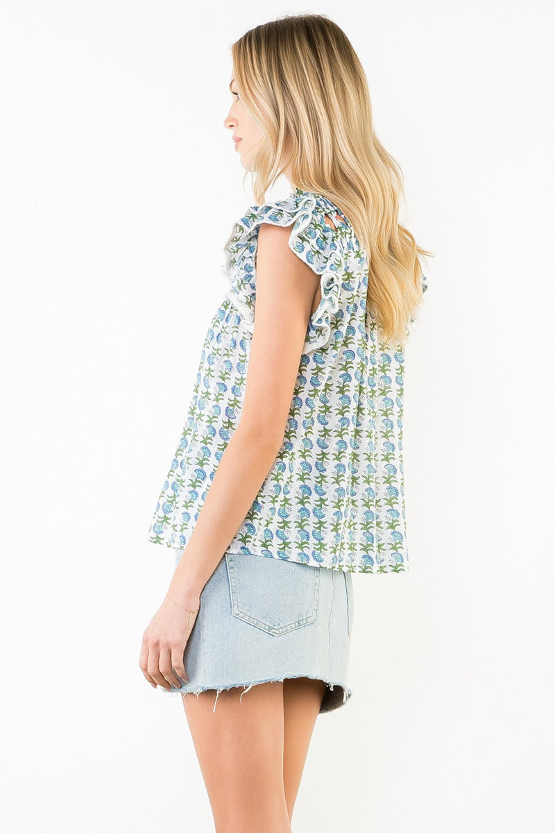 Floral Flutter Sleeve V-Neck Top
