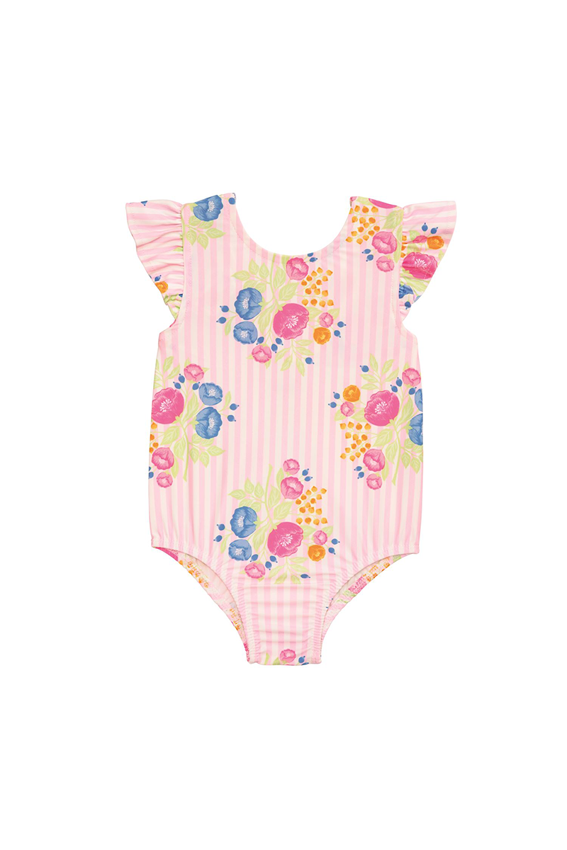 Pink swimsuit with floral pattern on a white background