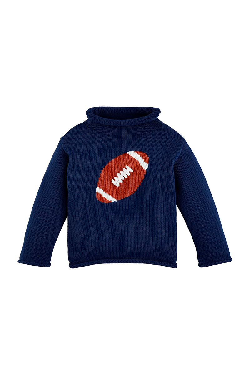 Navy blue sweater with a football design on a white background