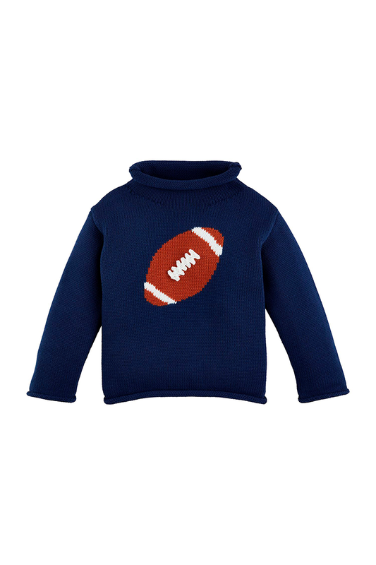 Navy blue sweater with a football design on a white background