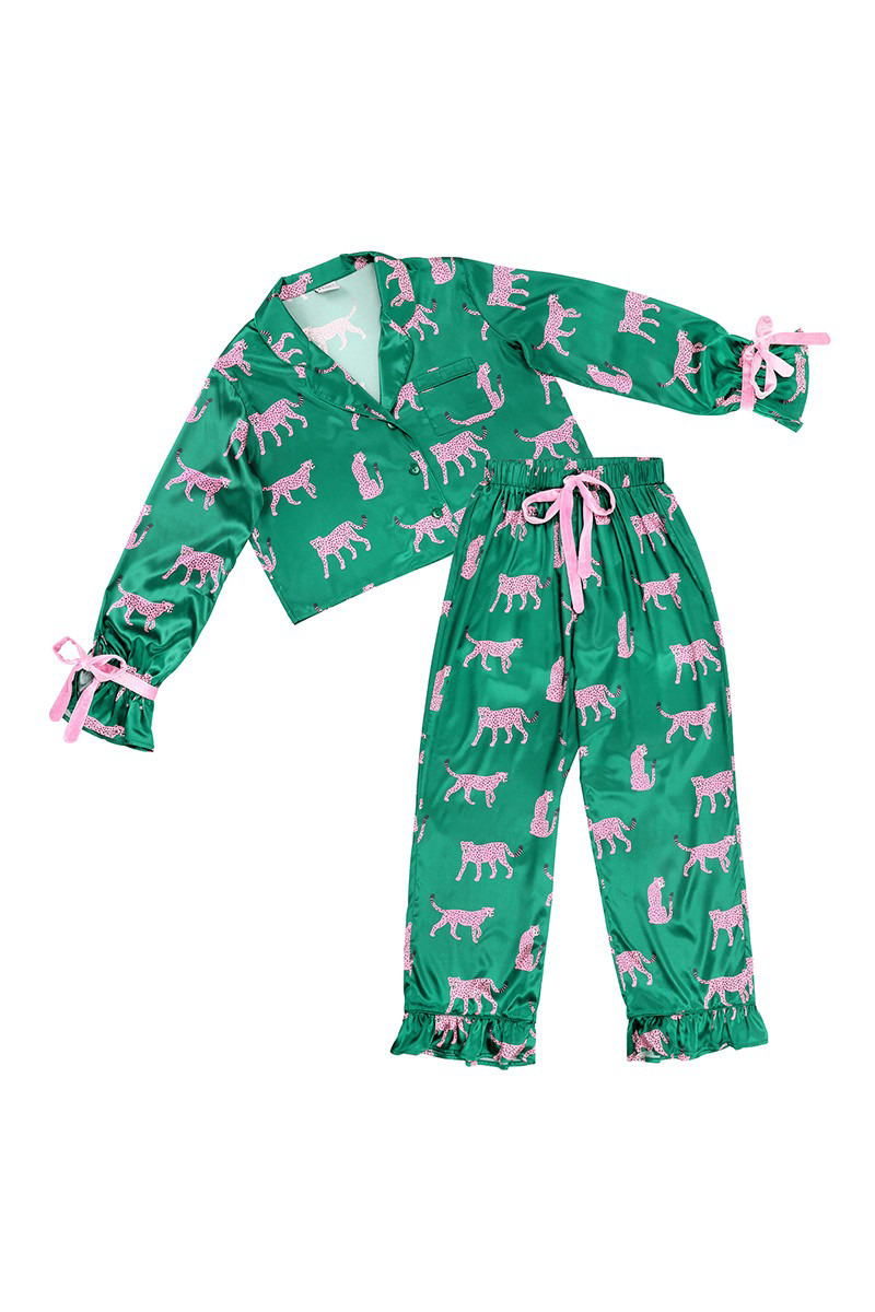 Green and Pink Cheetahs Cropped and Ruffled Pants Pajama Set with Velvet Ties