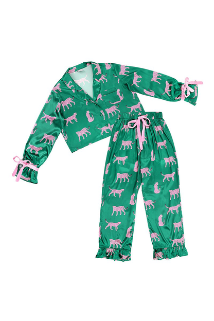 Green and Pink Cheetahs Cropped and Ruffled Pants Pajama Set with Velvet Ties