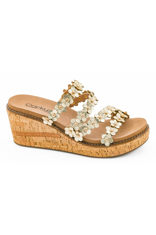 Gold Flowers Cork Wedge Sandal on a white background