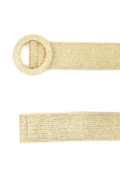 Gold belt with a round buckle on a white background