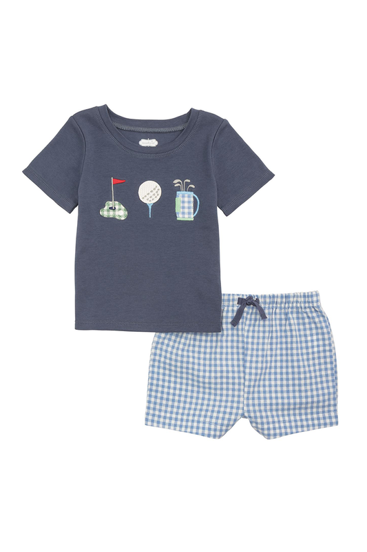 Children's navy t-shirt with golf-themed design and checkered shorts on a white background