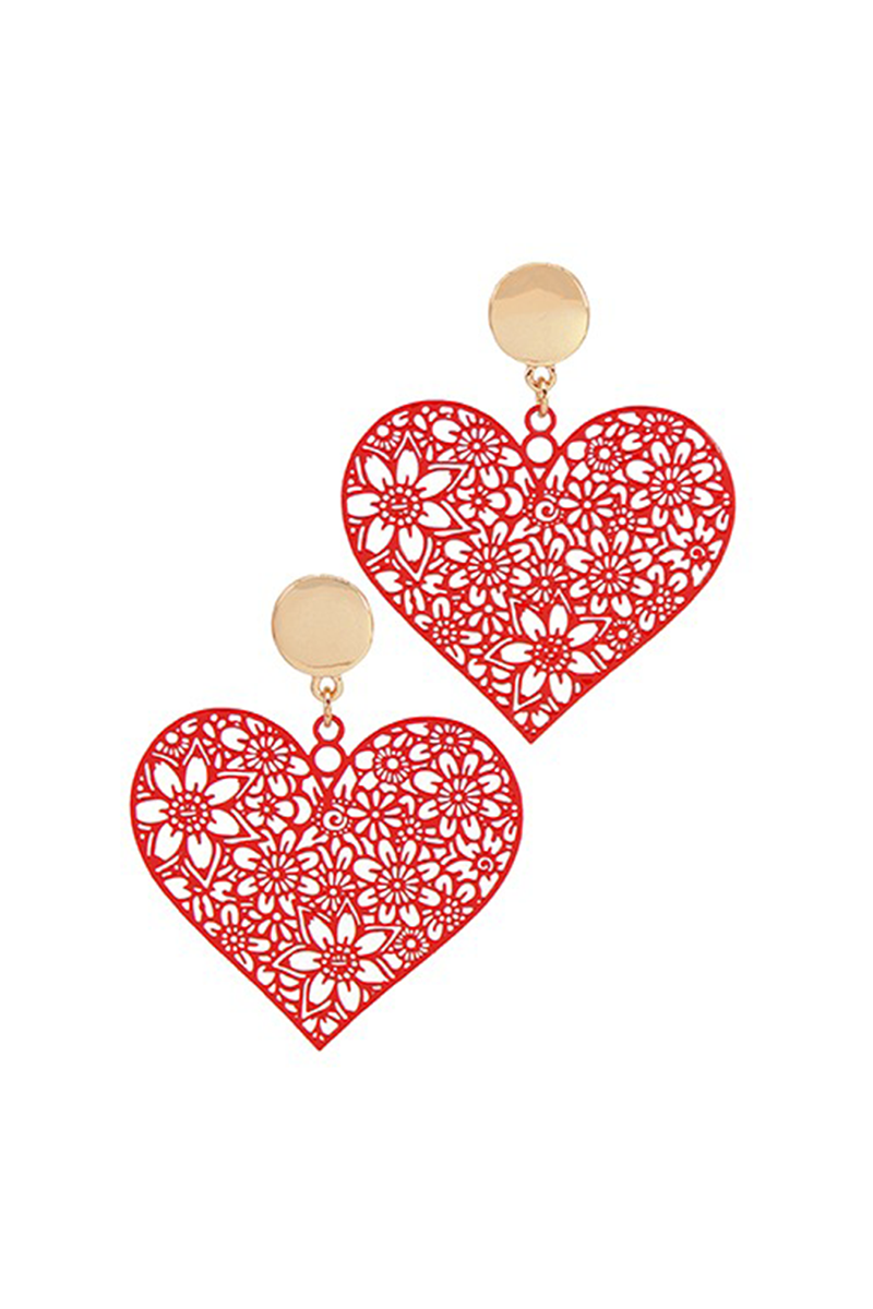 Red heart-shaped earrings with floral patterns on a white background