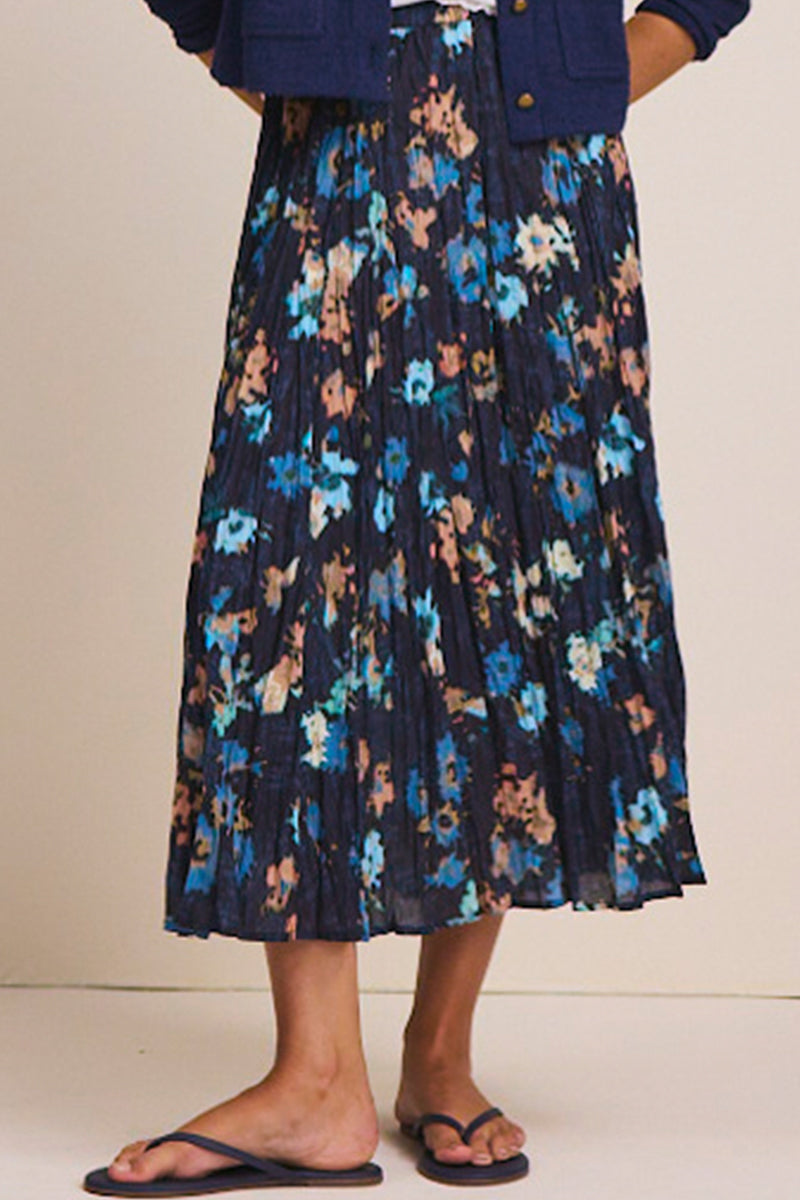Indigo Floral Crinkle Cotton Skirt