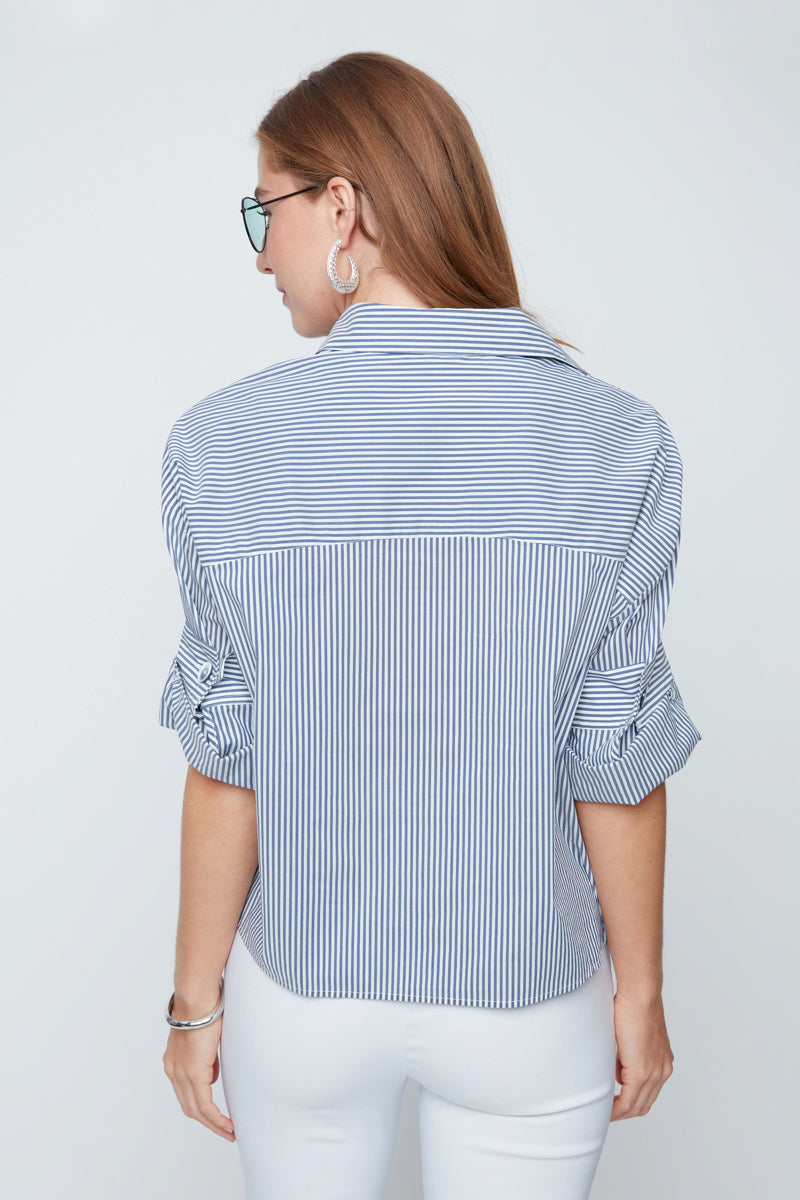 Indigo Stripes Short Sleeve Collared Blouse