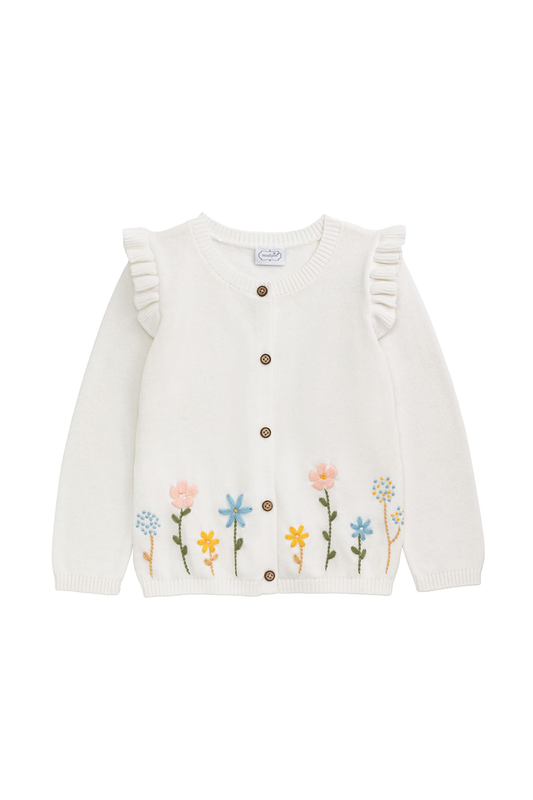 White cardigan with floral embroidery on a white background