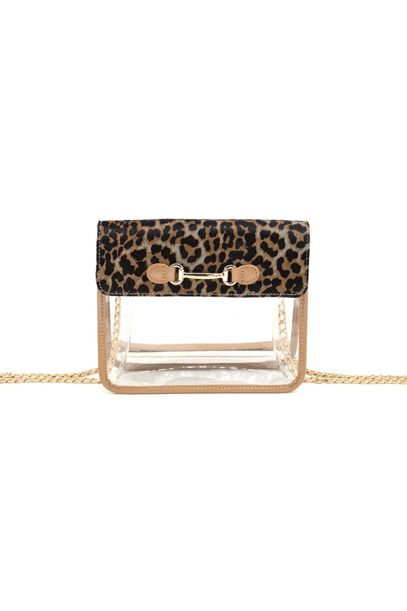 Clear handbag with leopard print top section on a white background