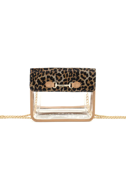 Clear handbag with leopard print top section on a white background